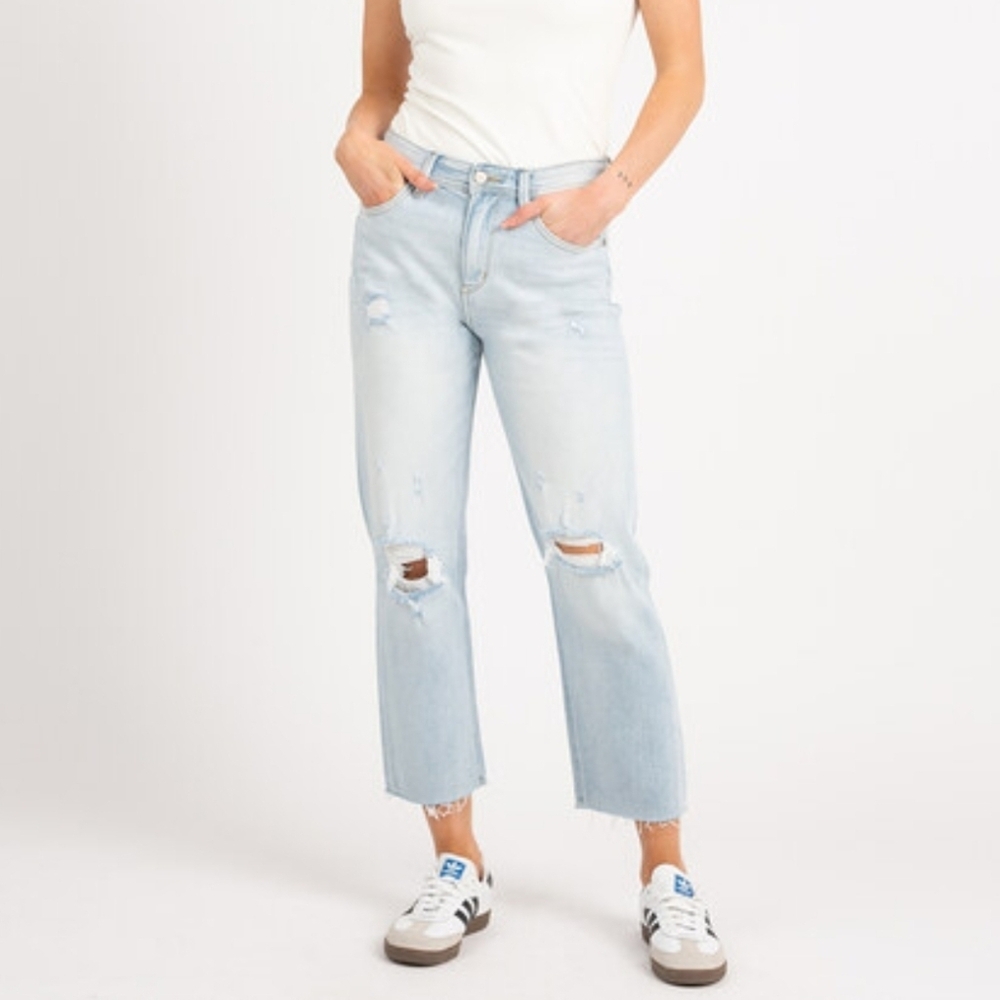 KanCan High Rise Distressed Jeans Light Wash Slim Straight Raw Hem Denim Cotton